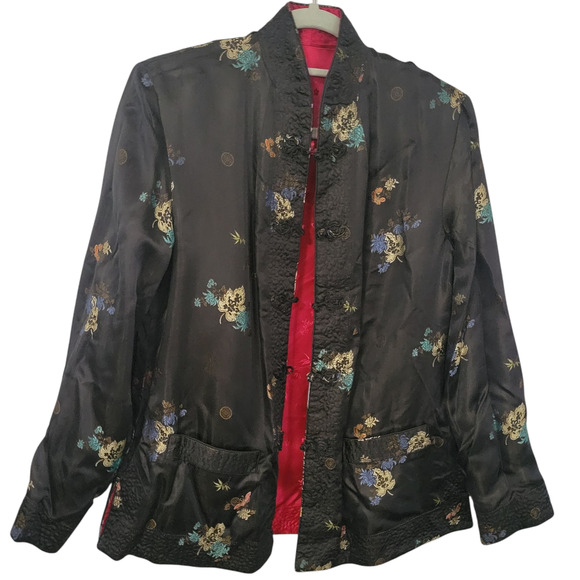 Vtg 1949 Reversible Chinese Silk Jacket Red Black Tang Floral Embroidered M - Picture 2 of 14